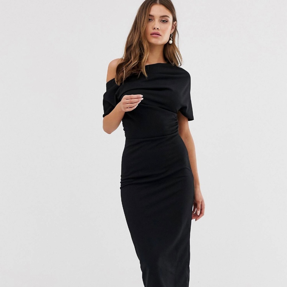 ASOS DESIGN pleated shoulder pencil dress in black